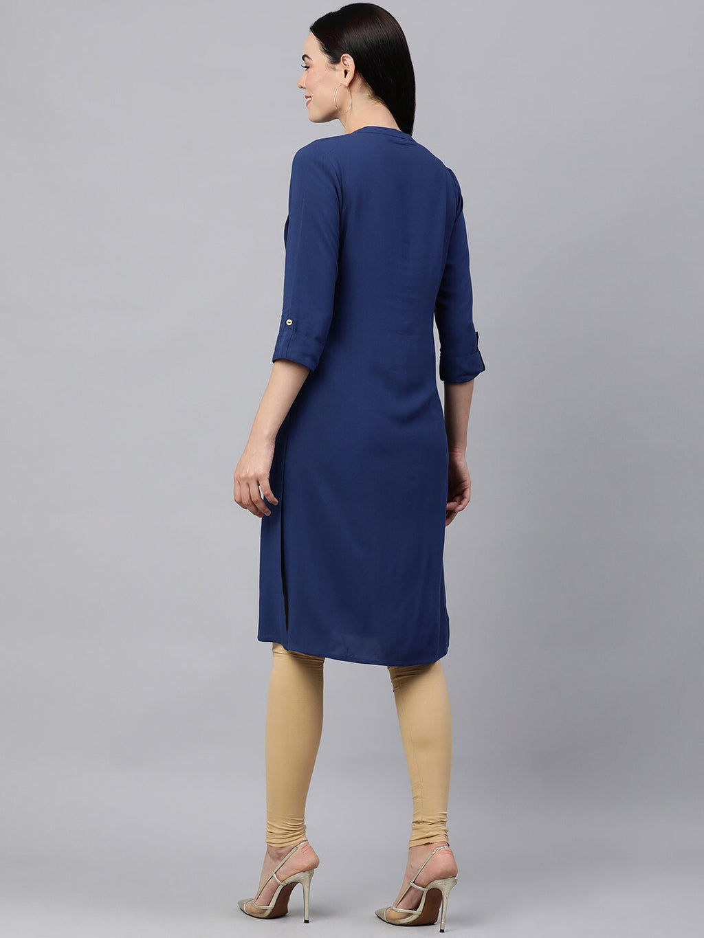 HERE&NOW Band Collar Roll UP Sleeves Knee Length Kurta