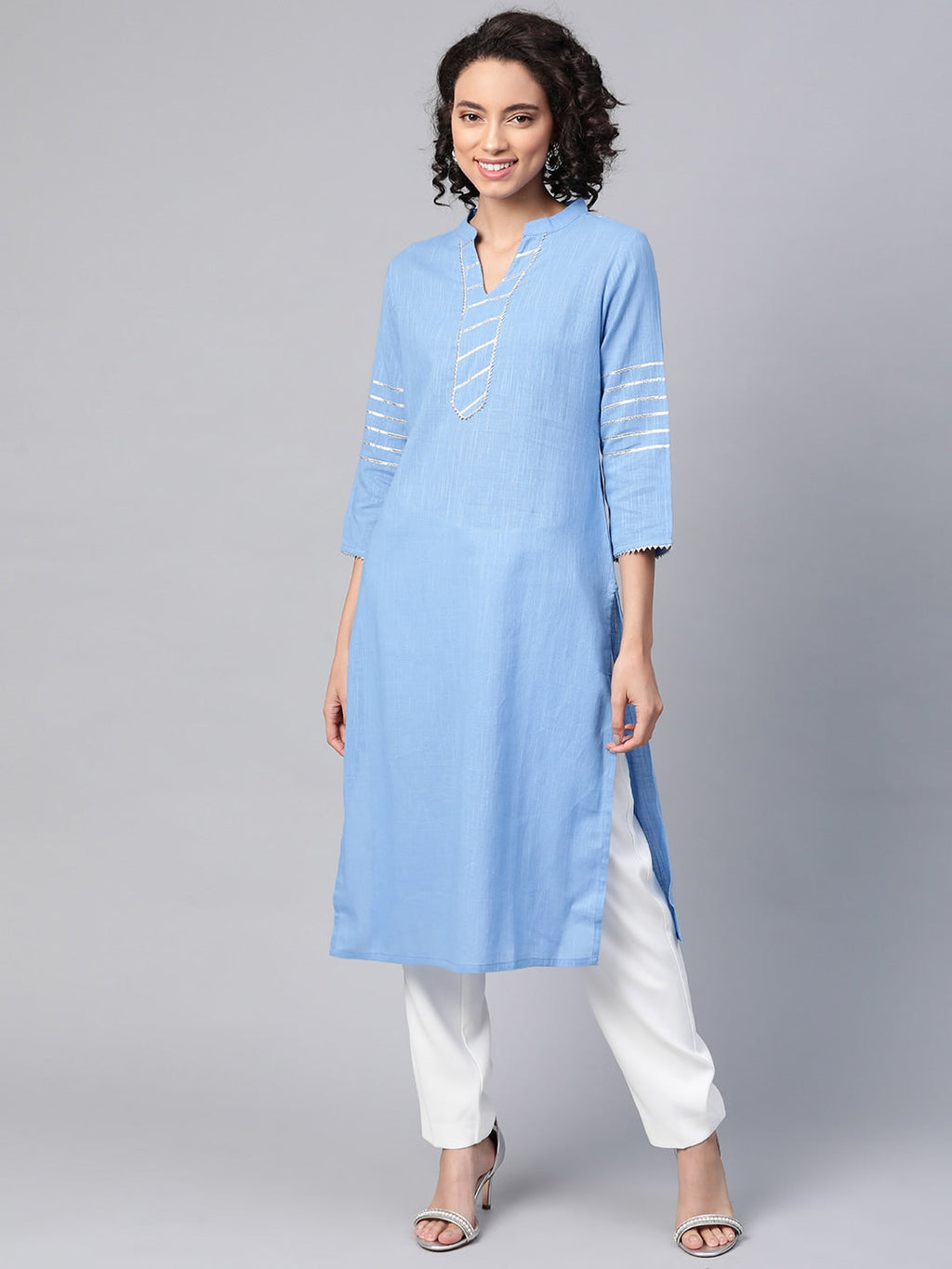 HERE&NOW Women Blue & White Pure Cotton Solid Straight Kurta