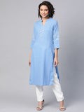 HERE&NOW Women Blue & White Pure Cotton Solid Straight Kurta