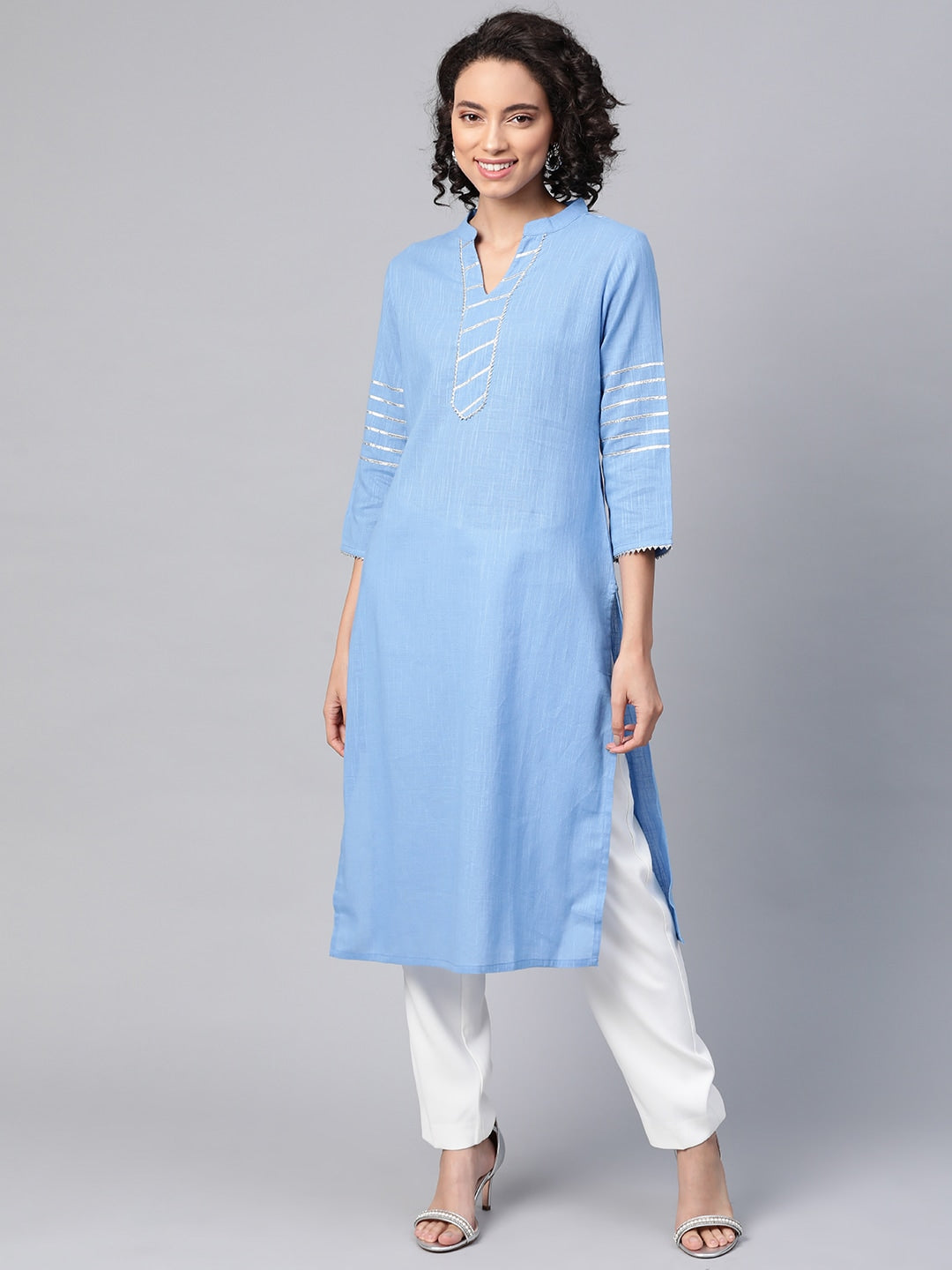 HERE&NOW Women Blue & White Pure Cotton Solid Straight Kurta