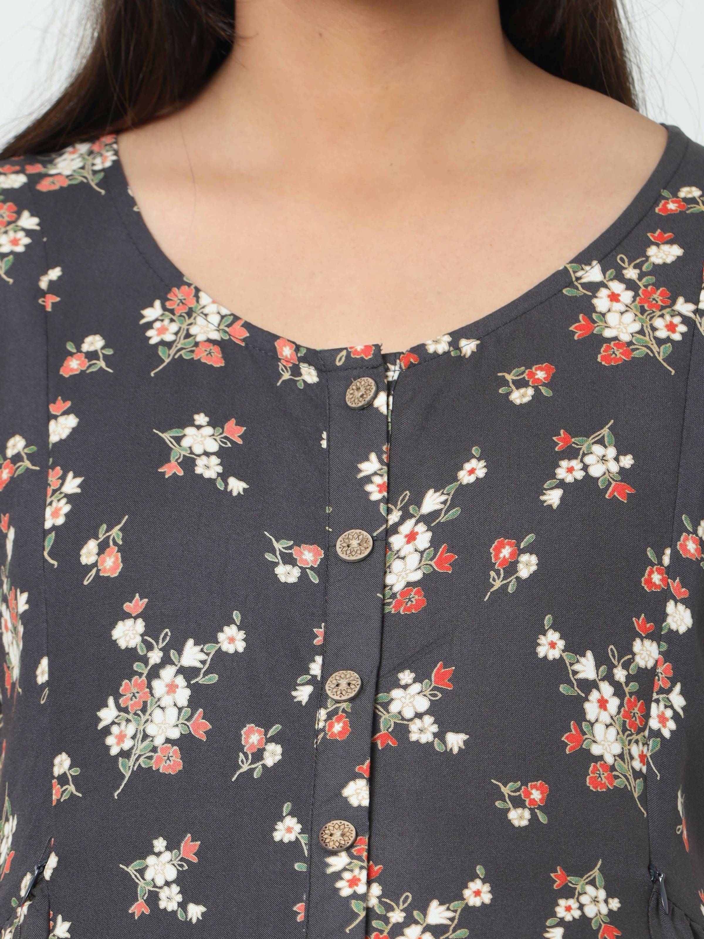 Manet Short Sleeves Maternity Dress Floral Print With Concealed Zipper Nursing Access - Navy Blue