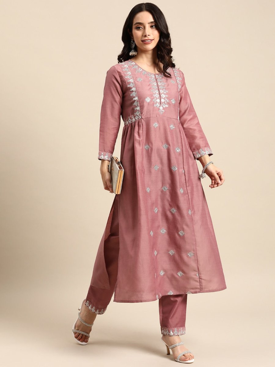 All About You Ethnic Motifs Embroidered Pleated Sequinned Kurta with Trousers