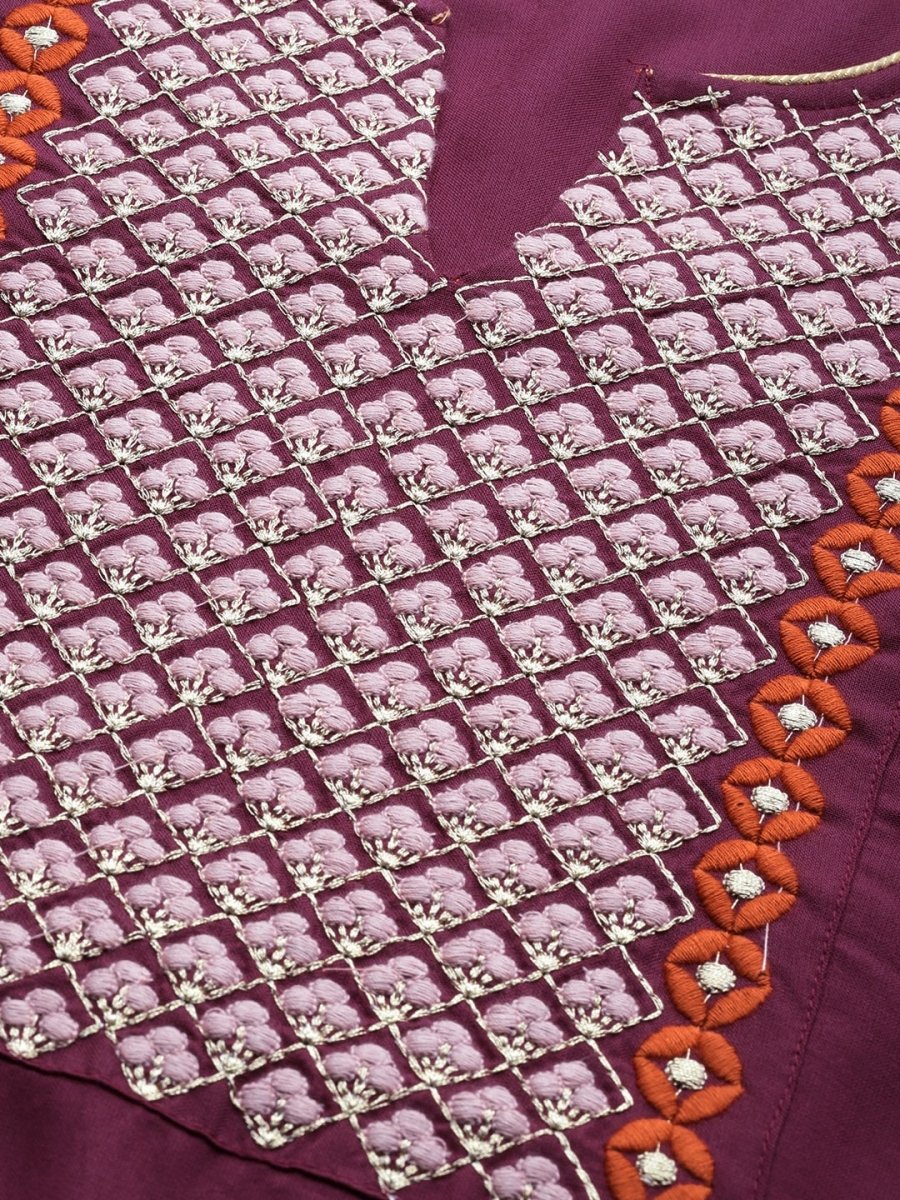 All About You Women Purple Ethnic Motifs Yoke Design Regular Thread Work Kurta with Trousers