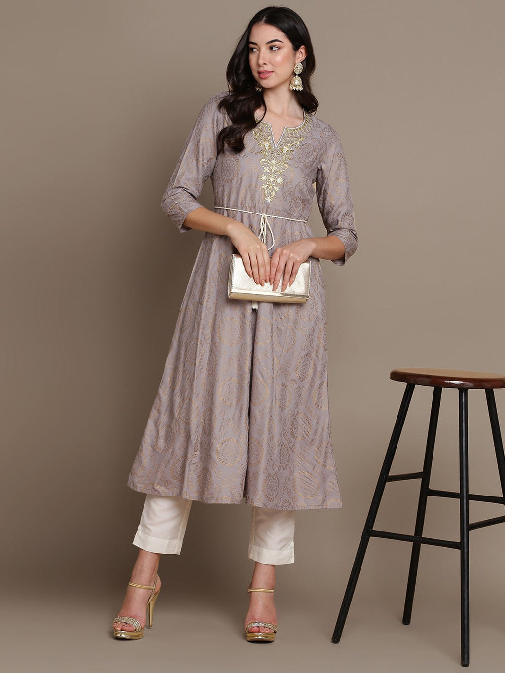HERE&NOW Embroidered Bandhani Printed Notched Neck Thread Work Anarkali Kurta