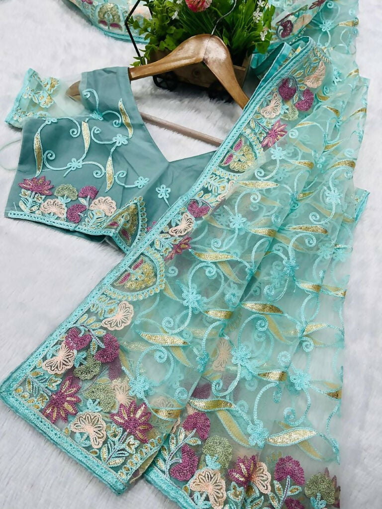 Vastranavya Soft Crush Georgette With Embroidery and Foil Multi Thread Work Saree - Turquoise