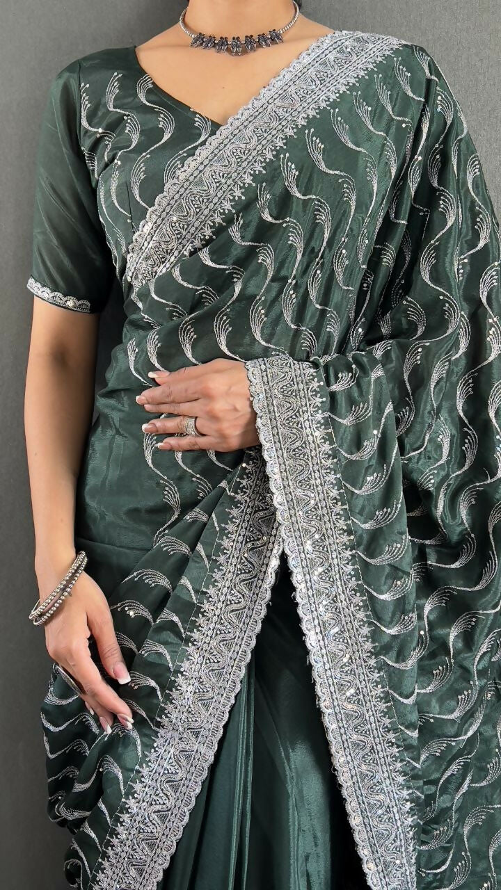 Vastranavya Sea Green Chinnon Silk Embroidery Multi Sequence & Arco Cut Work Ready to Wear Saree