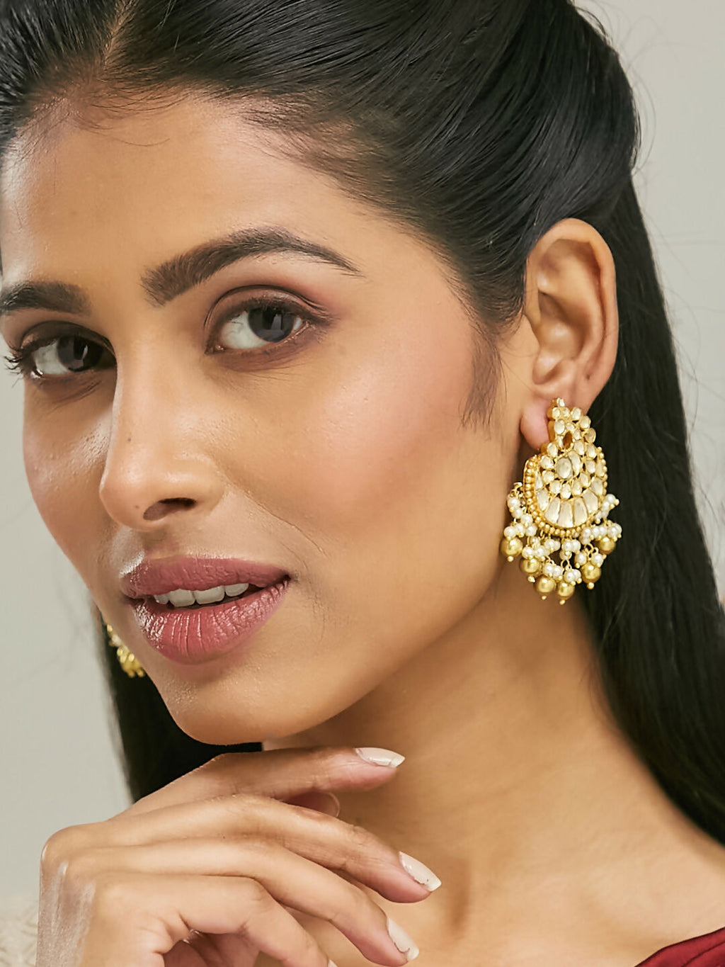 Nuyug 22K Gold-Plated Kundan Stone Studded & Pearl Drop Beaded Crescent Shaped Chandbalis