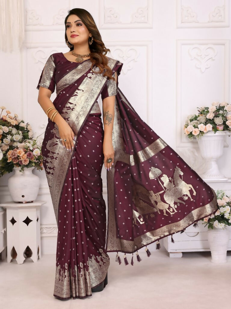 Anaita Dark Brown kochi Silk With Bandhej Weaving Saree With Blouse