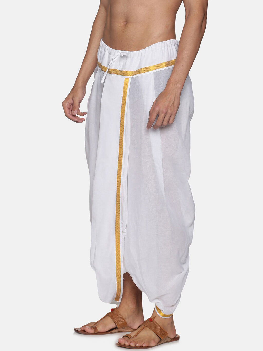 Sethukrishna Men White & Gold-Coloured Solid Readymade Cotton Dhoti Pant
