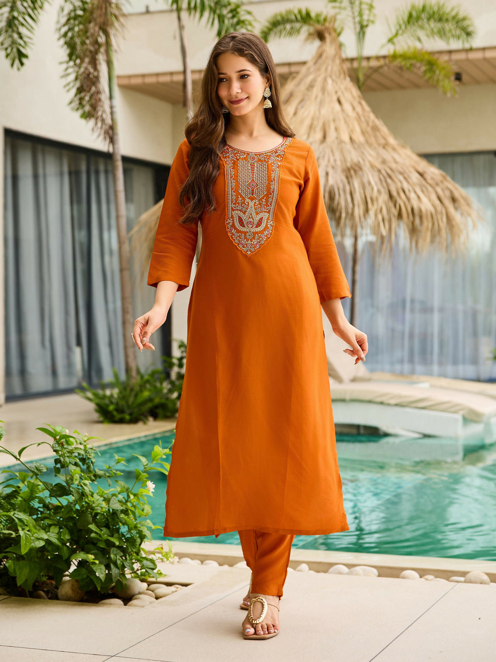 The52 Rust Women's Gorgeous Embroidered work Rayon Fabric Straight Kurta, Pant and Dupatta Set