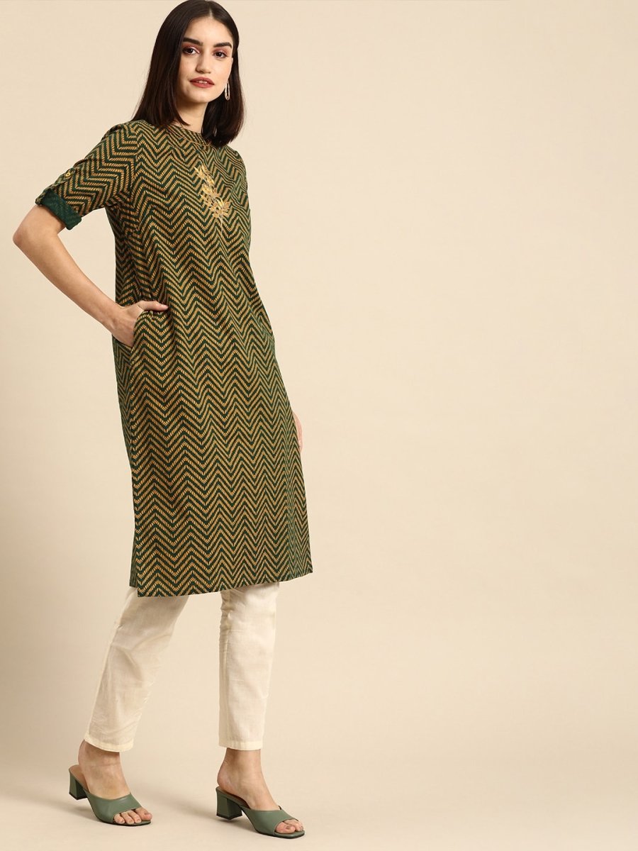 All About You Women Green & Yellow Floral Embroidered Thread Work Pure Cotton Kurta