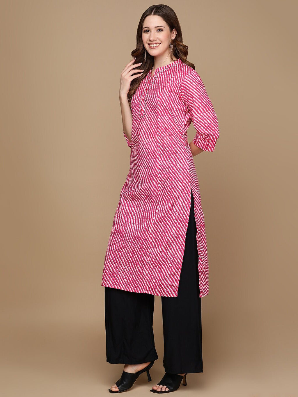 HERE&NOW Pink & White Striped Sequined Straight Cotton Kurta