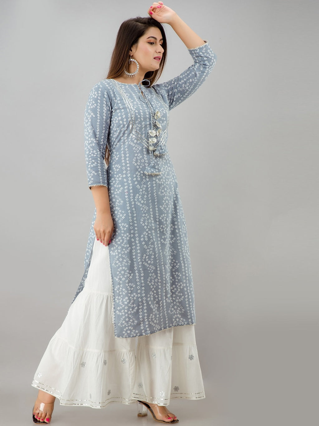 HERE&NOW Grey Bandhani Printed Gotta Patti Kurta with Sharara