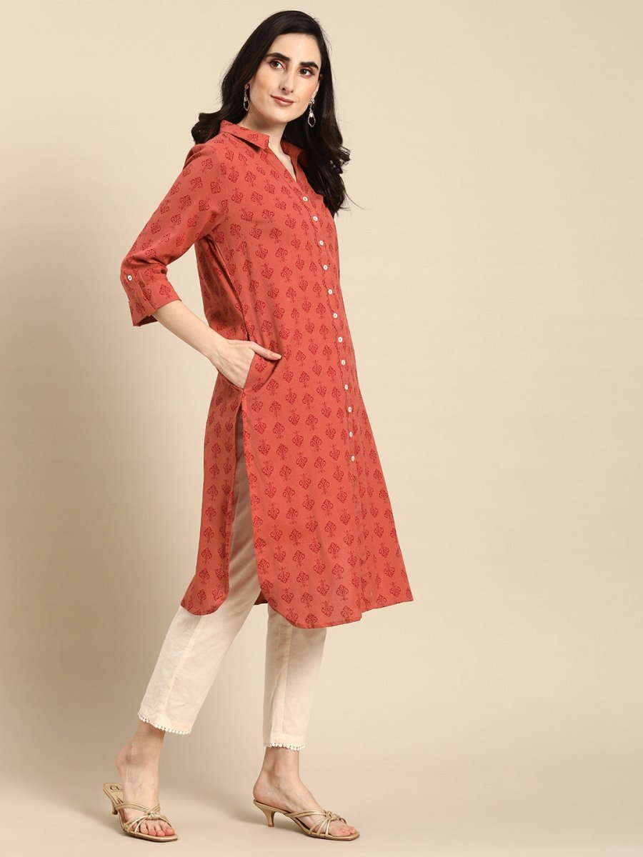 All About You Women Red Cotton Ethnic Motifs Printed Pathani Kurta