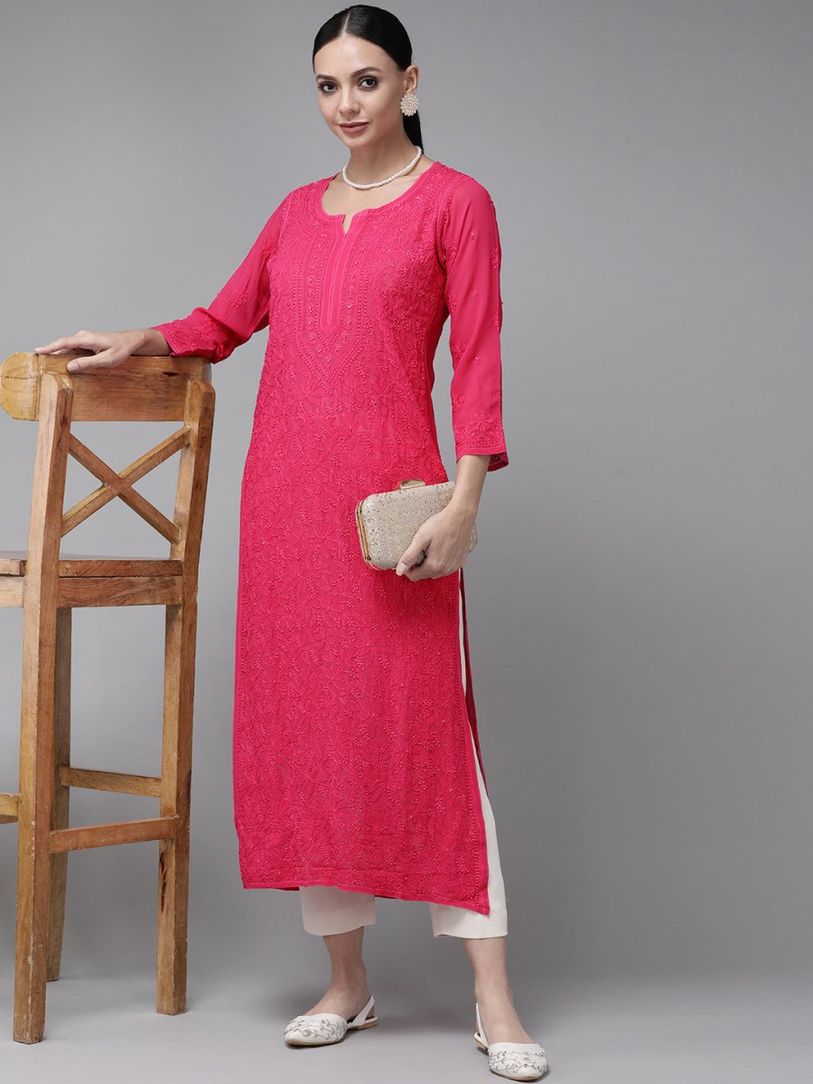 ADA Women Magenta & Magenta Ethnic Motifs Embroidered Chikankari Georgette Kurta