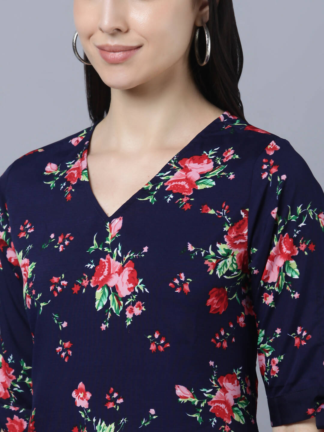 Myshka Women Navy Blue Pink Floral Print A-line Dress