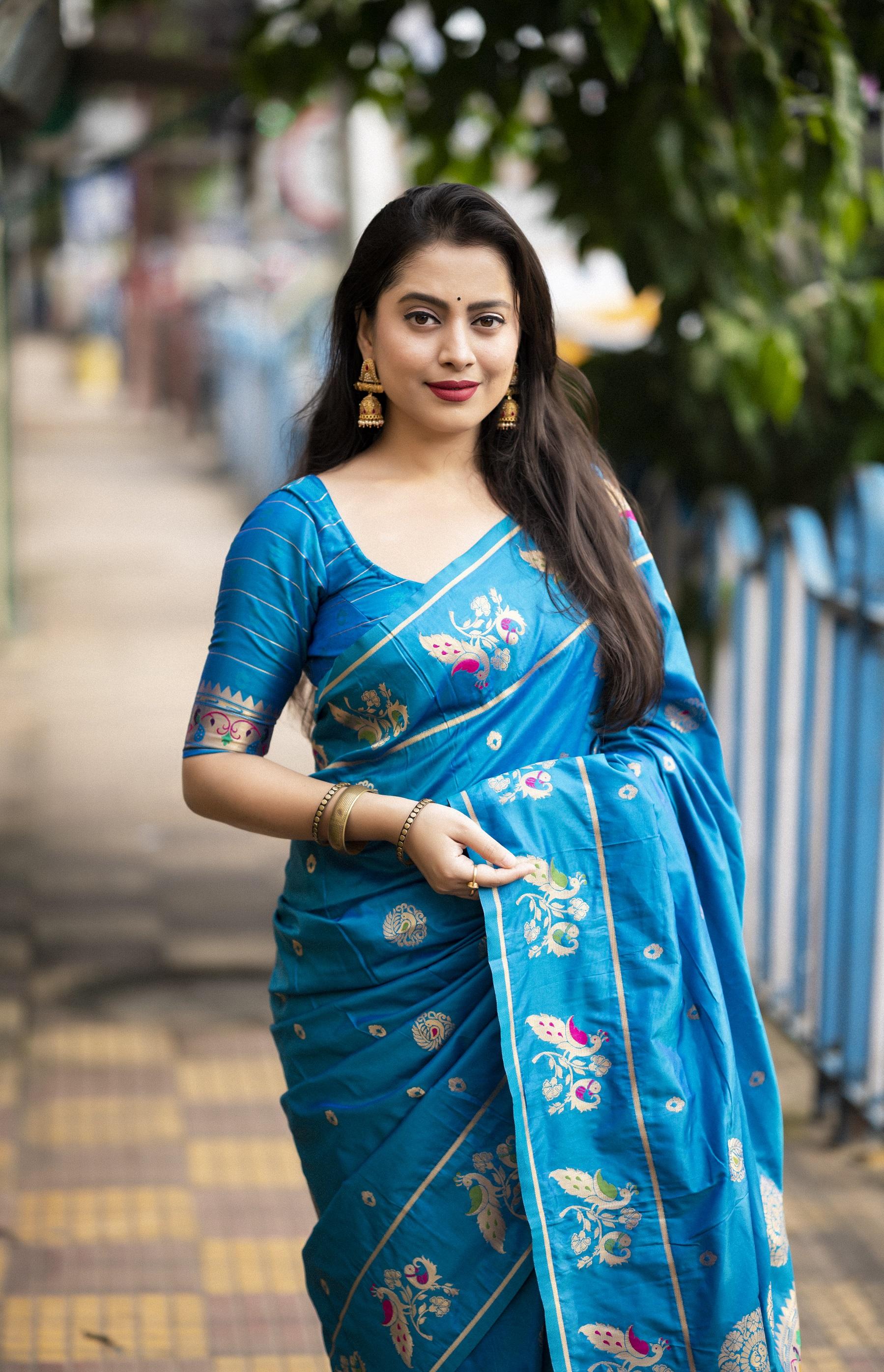 Blue Pure Silk Woven Design Saree with Unstitched Blouse - A2M
