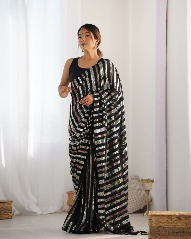 Black Georgette Sequance Embroidery Work Border Saree - Sitare