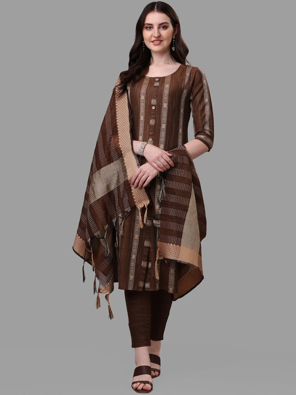 HERE&NOW Brown Striped Regular Pure Cotton Kurta With Trousers & Dupatta