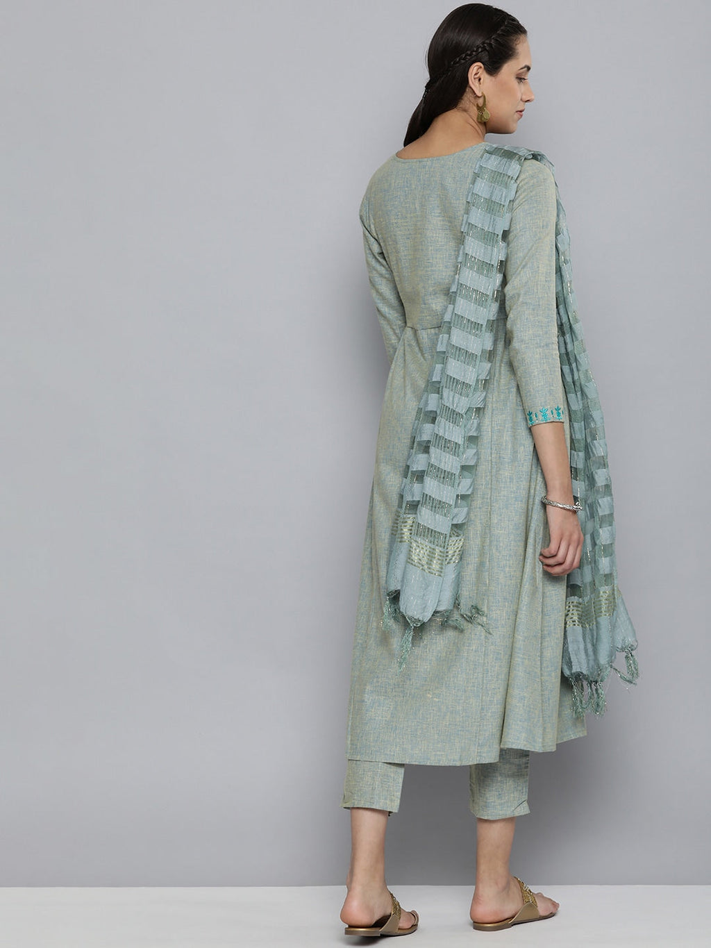 HERE&NOW Grey & Blue Embroidered Cotton Kurta with Trousers & With Dupatta