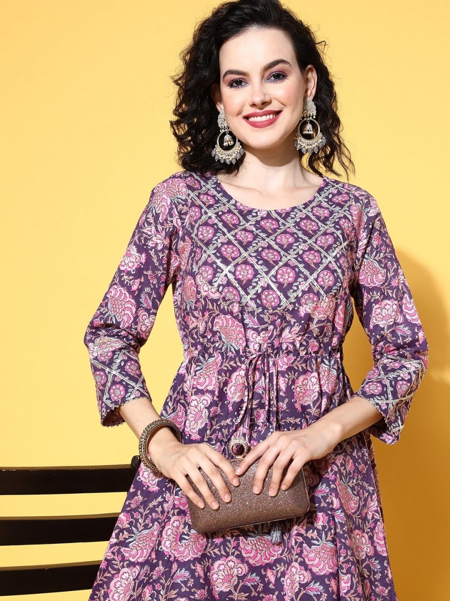 All About You Women Purple Floral Printed Regular Gotta Patti Pure Cotton Kurta with Sharara