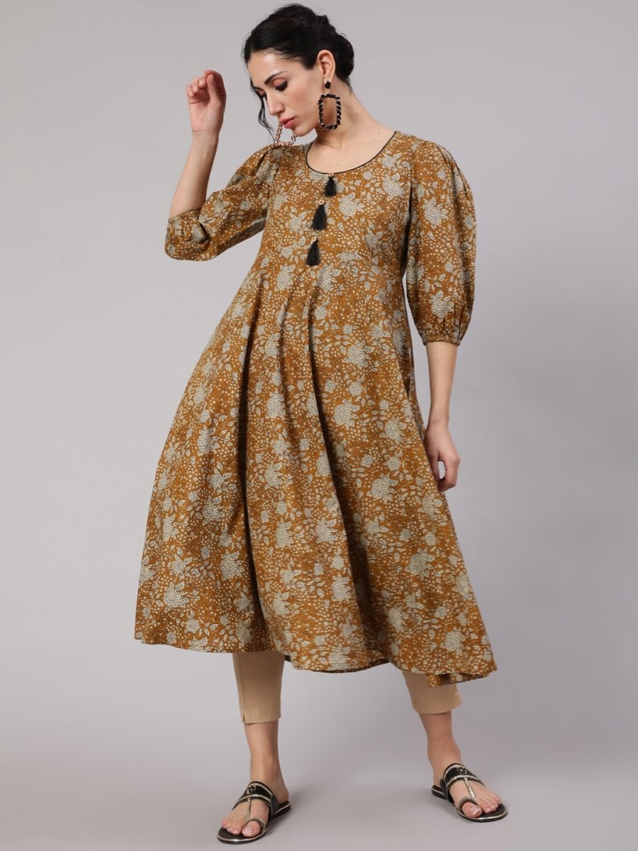 Aks Floral Printed Puff Sleeves Cotton Anarkali Kurta