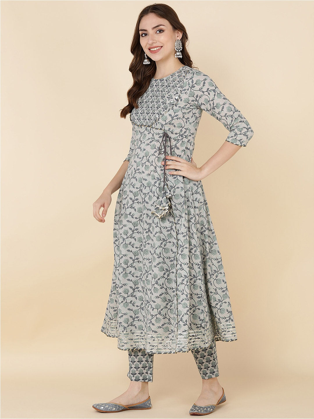 HERE&NOW Women Grey & Olive Green Embroidered Angrakha Kurta with Trousers & With Dupatta
