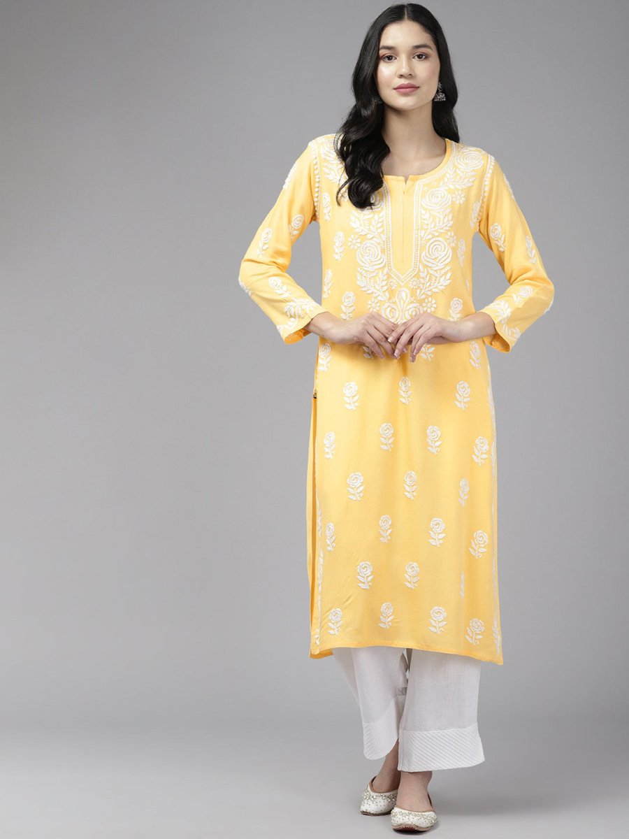 ADA Floral Embroidered Lucknowi Chikankari Cotton Silk Straight Kurta