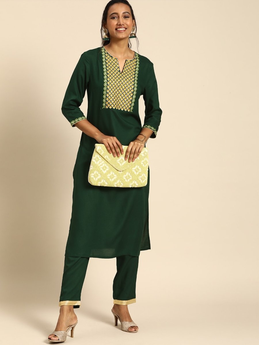 All About You Women Green Ethnic Motifs Yoke Design Regular Thread Work Kurta with Trousers