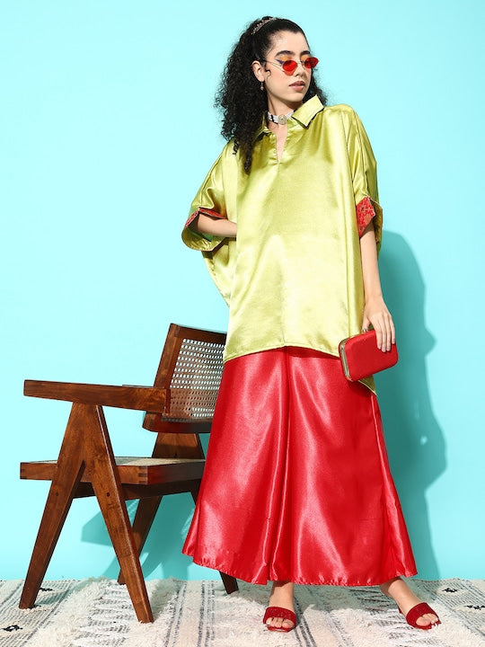 InWeave Women's Olive Red Brocade Satin Boho Kurta Red Palazzo Set
