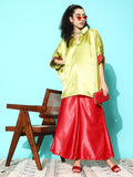 InWeave Women's Olive Red Brocade Satin Boho Kurta Red Palazzo Set