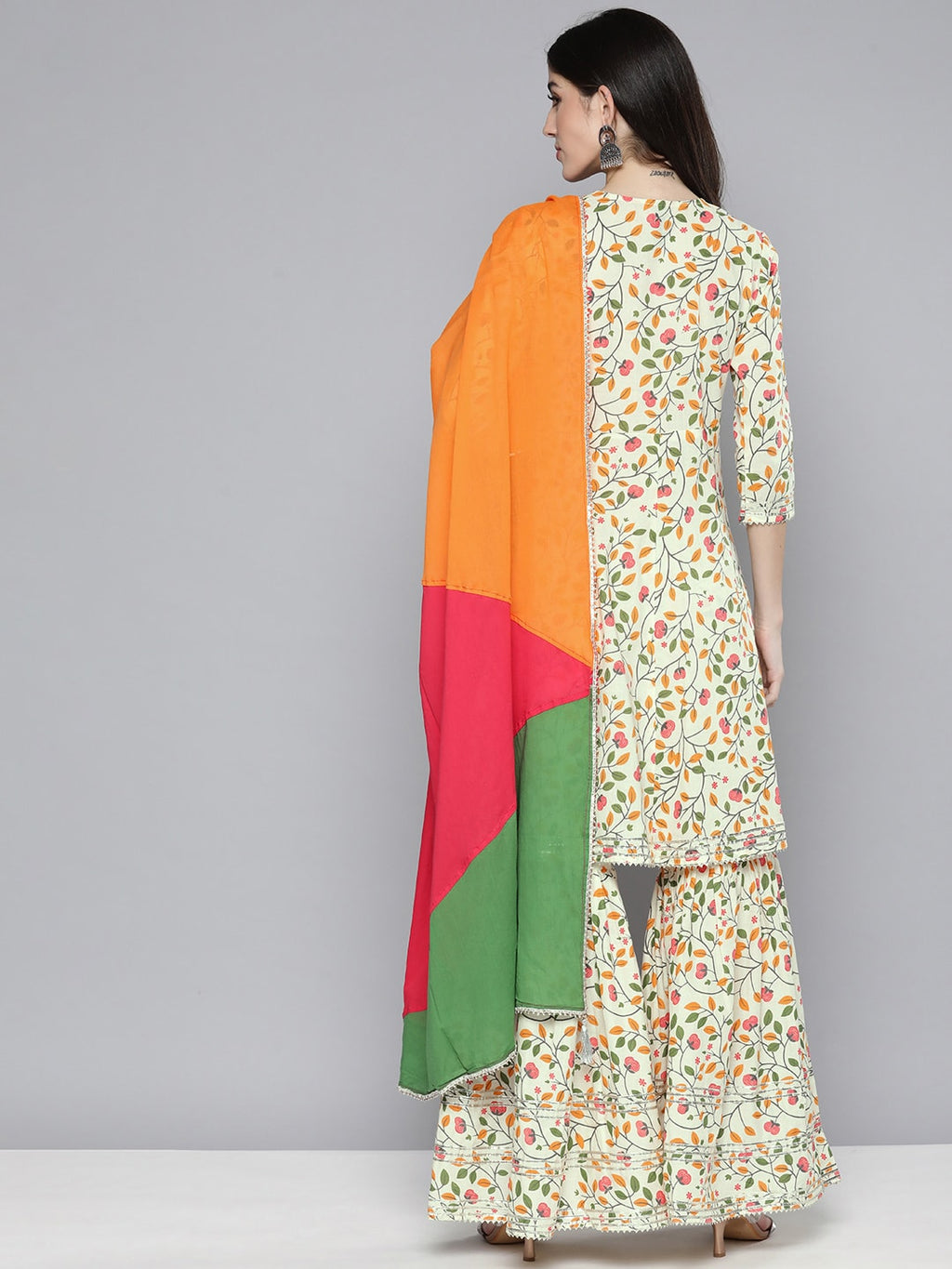 HERE&NOW Women Floral Printed Gotta Patti Pure Cotton Kurta with Sharara & Dupatta
