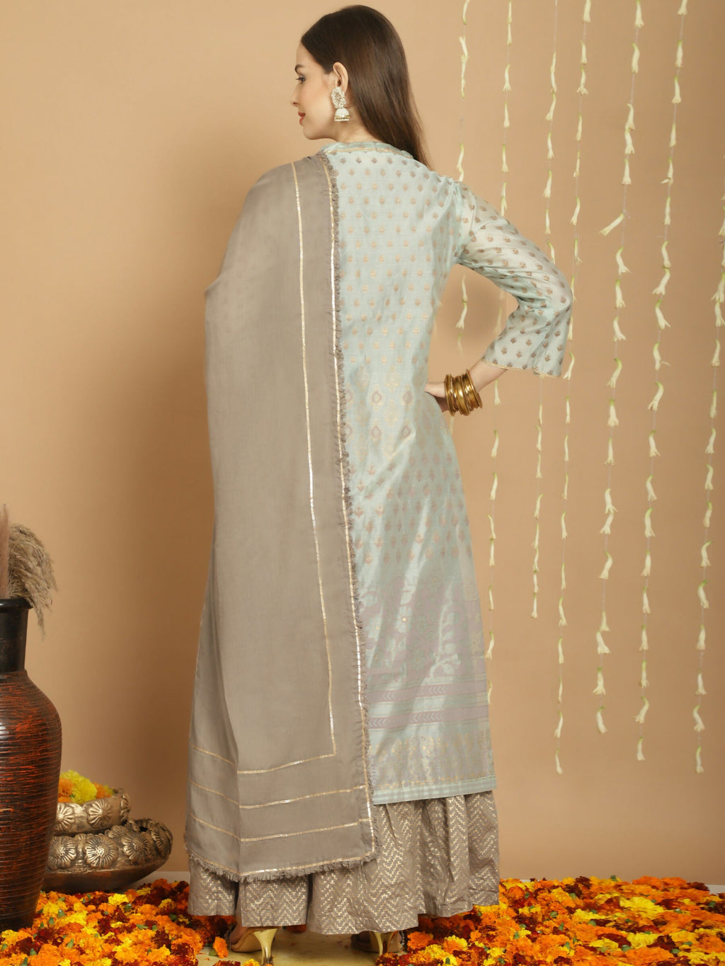Jyoti Fashion Women's Green Chanderi Silk Elegant Jardoshi Semi Kurta with Trouser & Dupatta