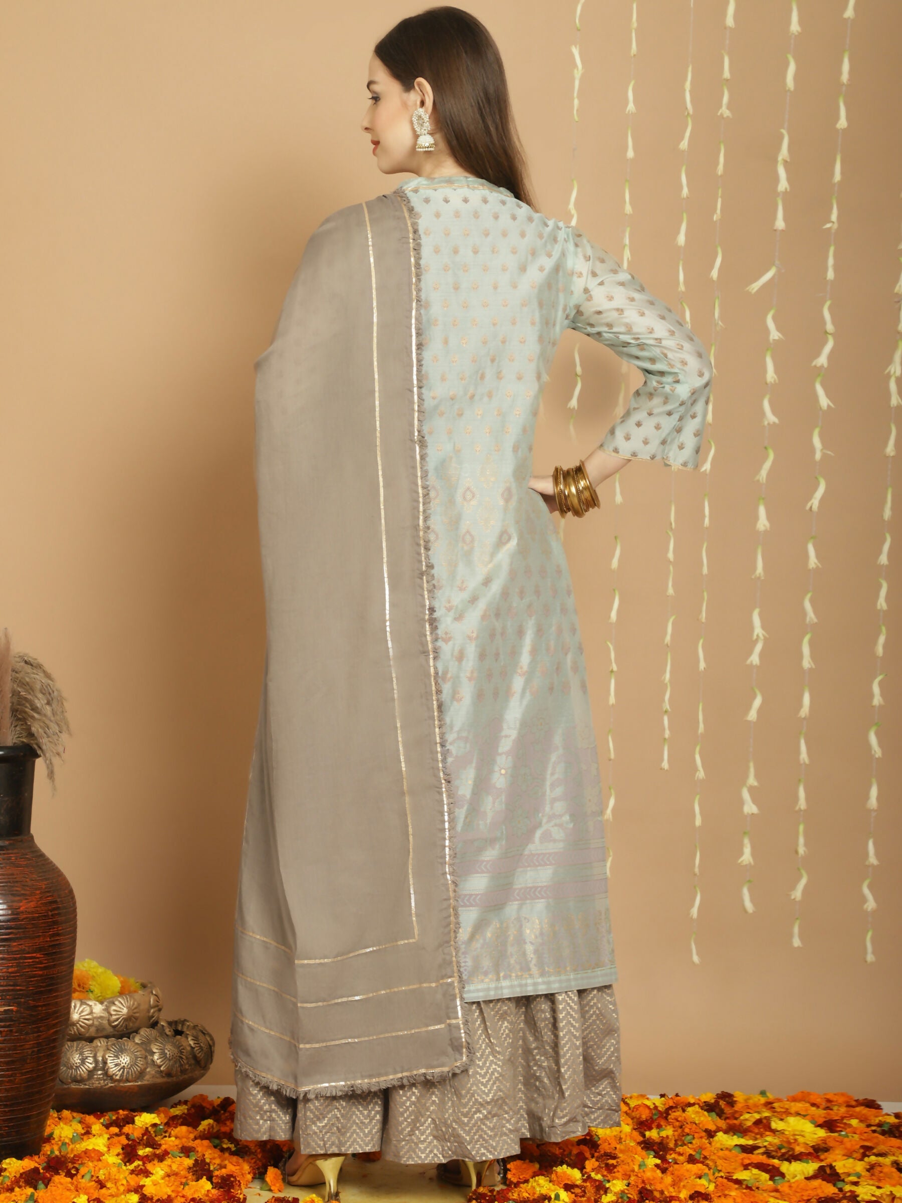 Jyoti Fashion Women's Green Chanderi Silk Elegant Jardoshi Semi Kurta with Trouser & Dupatta