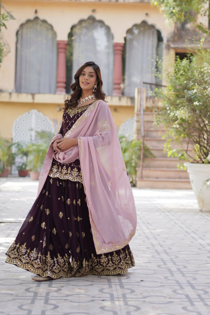 Vastranavya Faux Blooming with Sequins Embroidered Kurti, Palazzo & Dupatta - Maroon