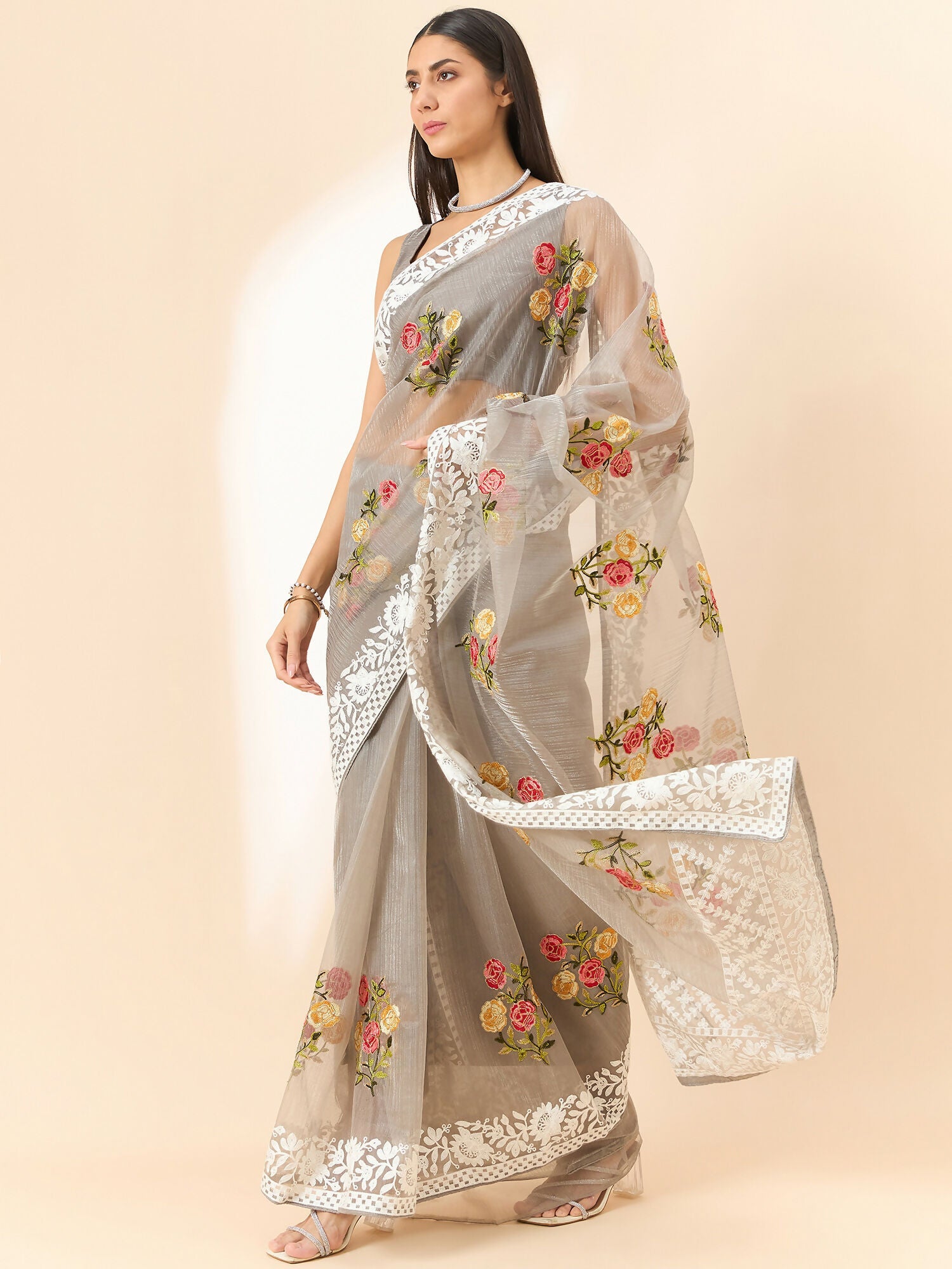 Grey Organza Floral Embroidered Saree with Unstitched Blouse Piece - Roozal