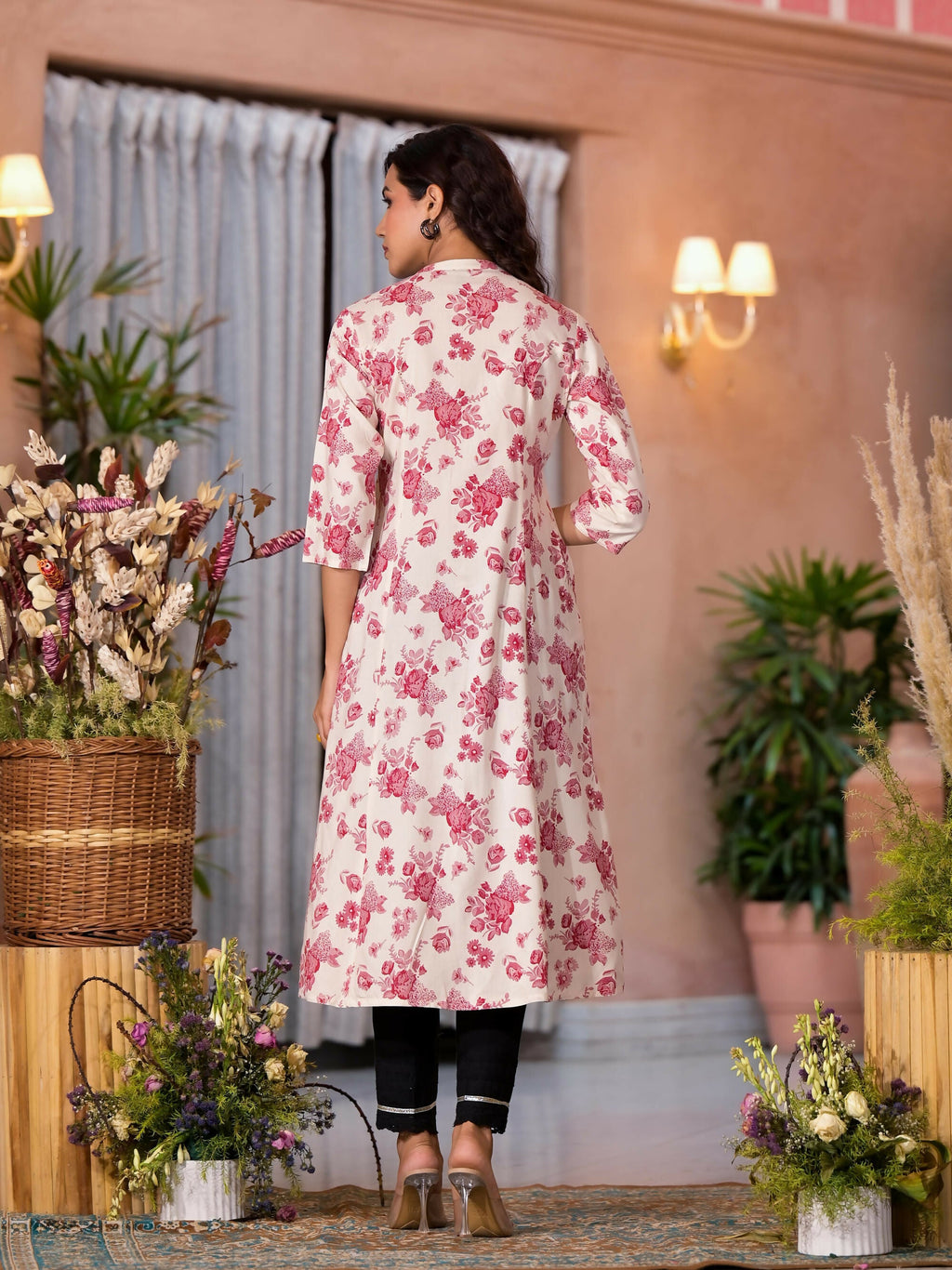 Juniper Women's Off White Floral Printed Liva Rayon Kurta With Button Closure