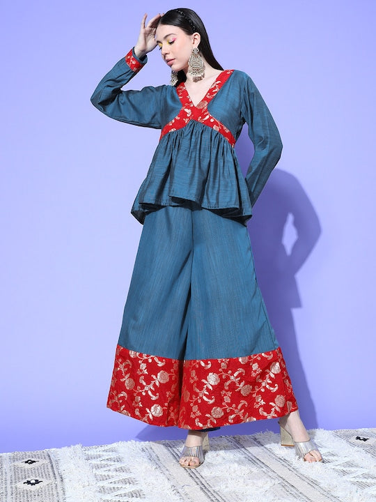 InWeave Women's Teal Red Brocade Mughal Shaan Kurta Palazzo Set