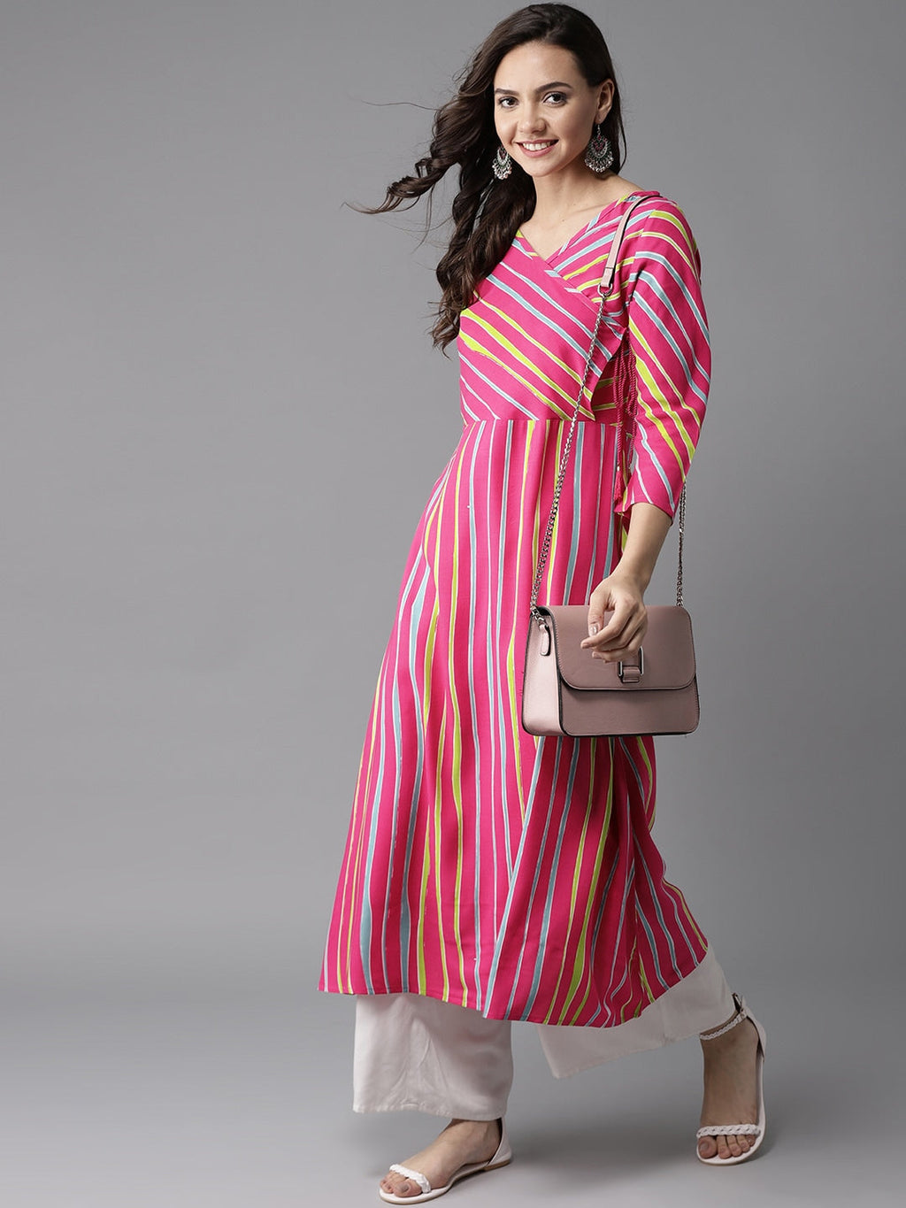 HERE&NOW Women Stripes & Tie-Up A-Line Viscose Kurta