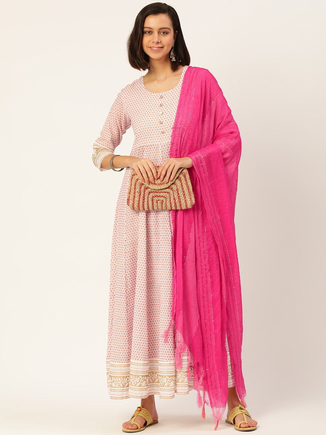HERE&NOW Women White And Pink Polka Dot Print Cotton Anarkali Kurta With Dupatta