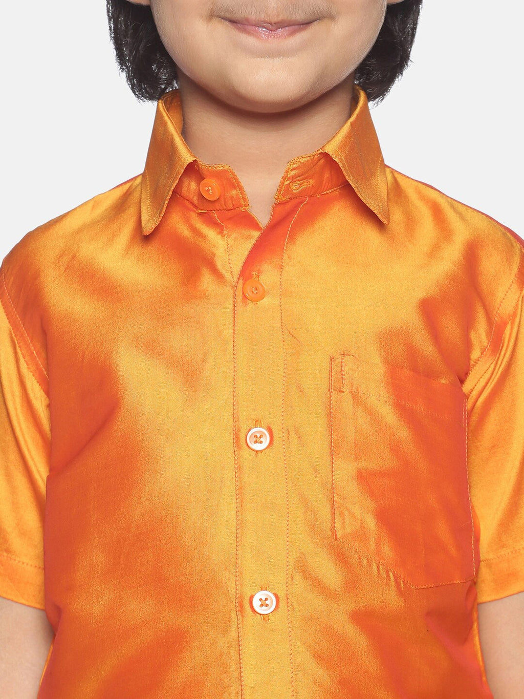 Sethukrishna Boys Orange & White Solid Shirt and Veshti Set