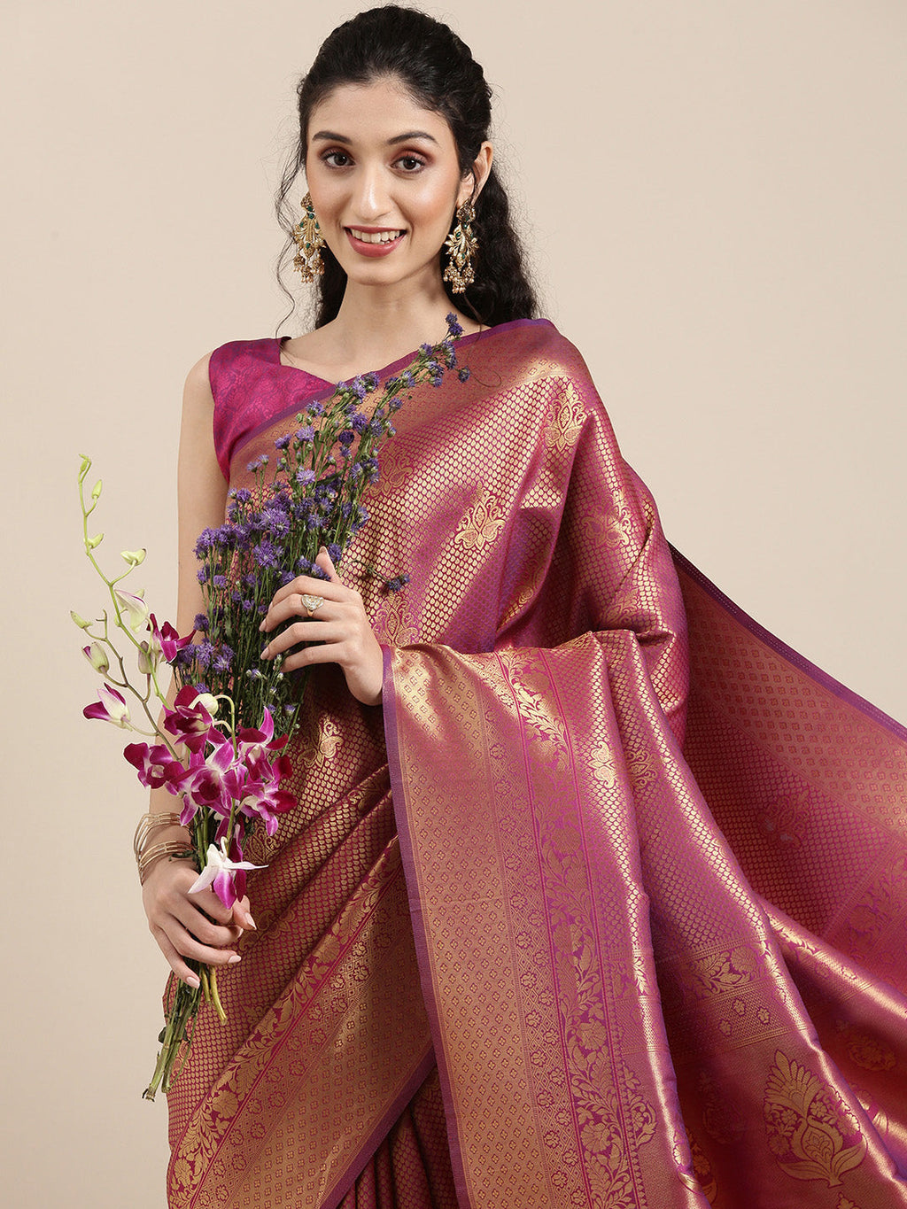 Saree Mall Magenta Ethnic Motifs Zari Silk Blend Banarasi Saree