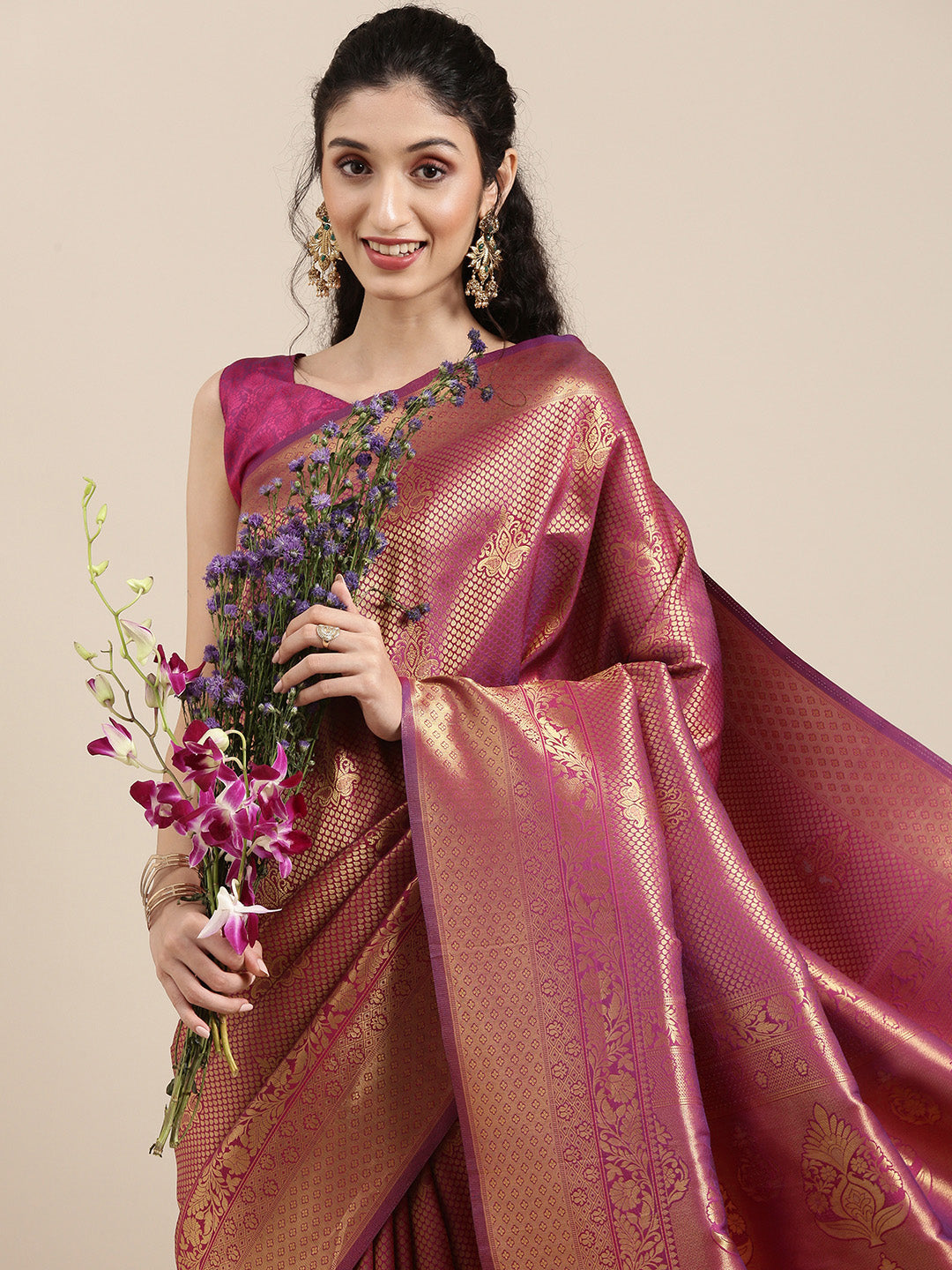 Saree Mall Magenta Ethnic Motifs Zari Silk Blend Banarasi Saree