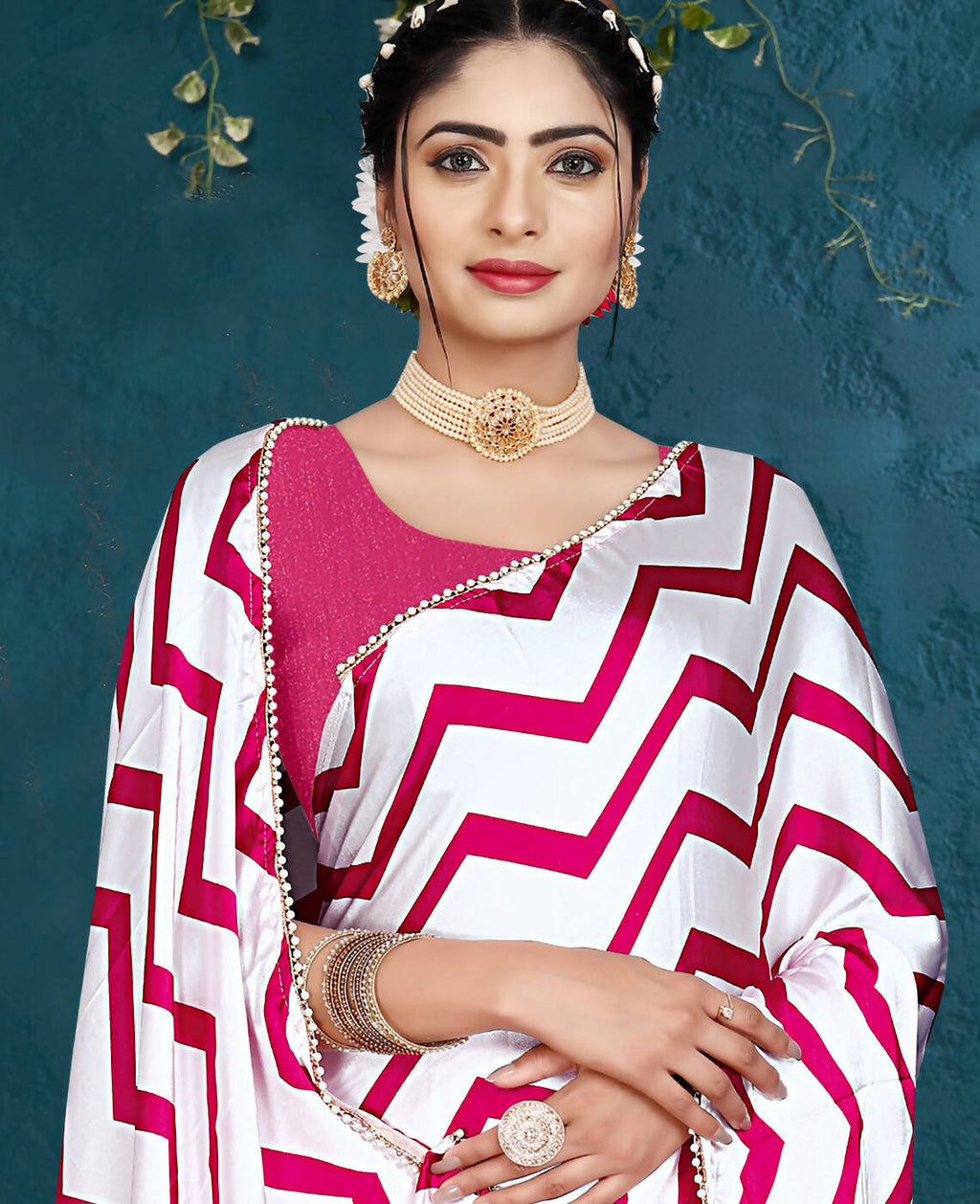 Pink Japan Satin Stripe Printed Saree With Unstitched Blouse Piece - Laavanya