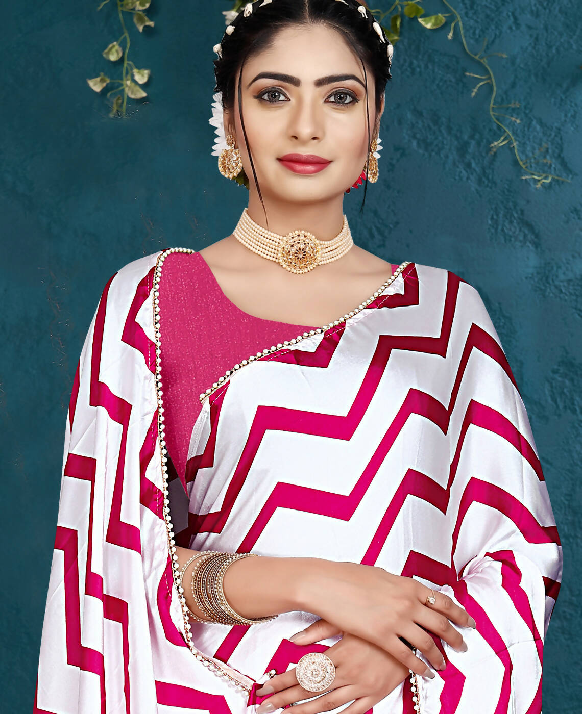 Pink Japan Satin Stripe Printed Saree With Unstitched Blouse Piece - Laavanya