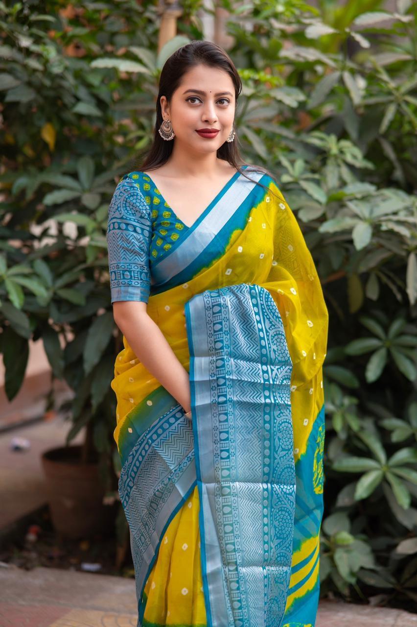 Yellow Jute Silk Ethnic Motifs Saree with Unstitched Blouse - Hiral Fashion