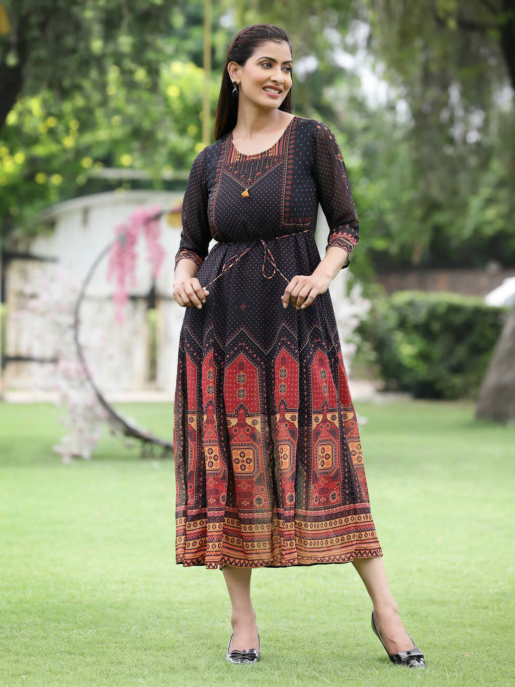 Juniper Black Georgette Festive Printed A-Line Dress For Women
