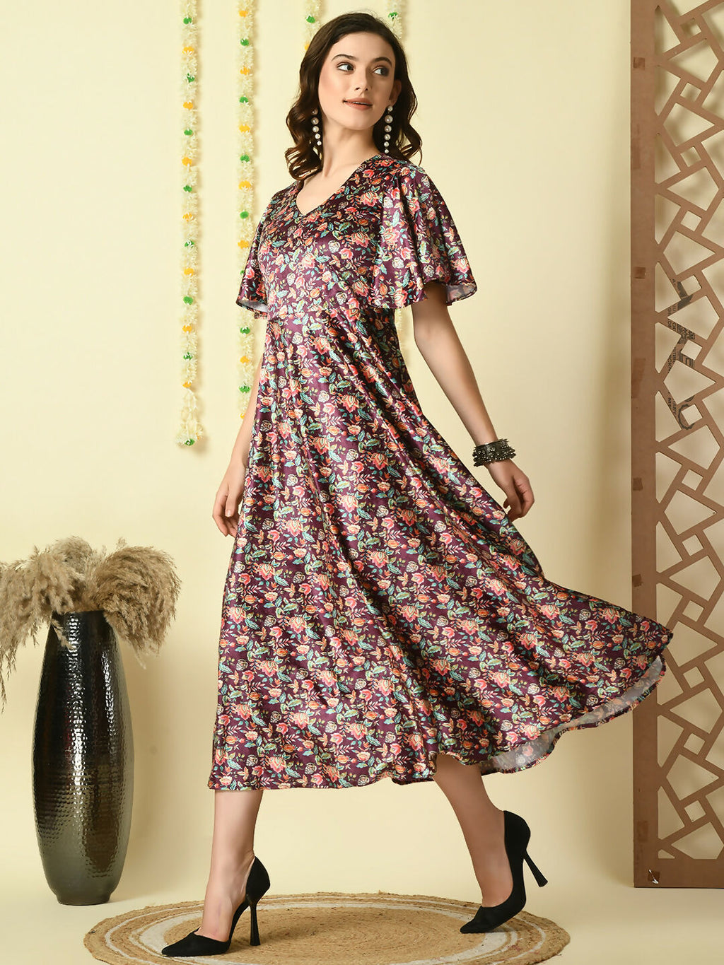 Myshka Women's Multi Printed Velvet Party Dress