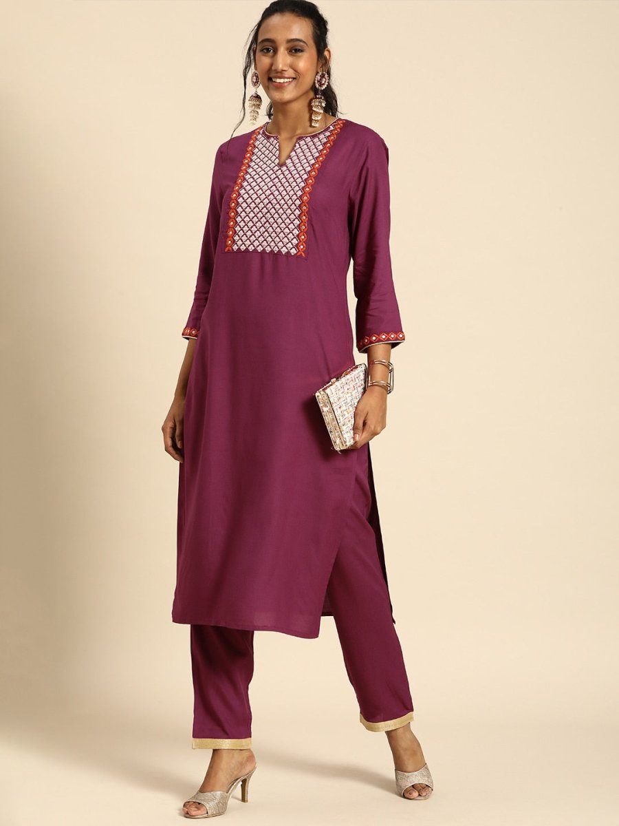All About You Women Purple Ethnic Motifs Yoke Design Regular Thread Work Kurta with Trousers