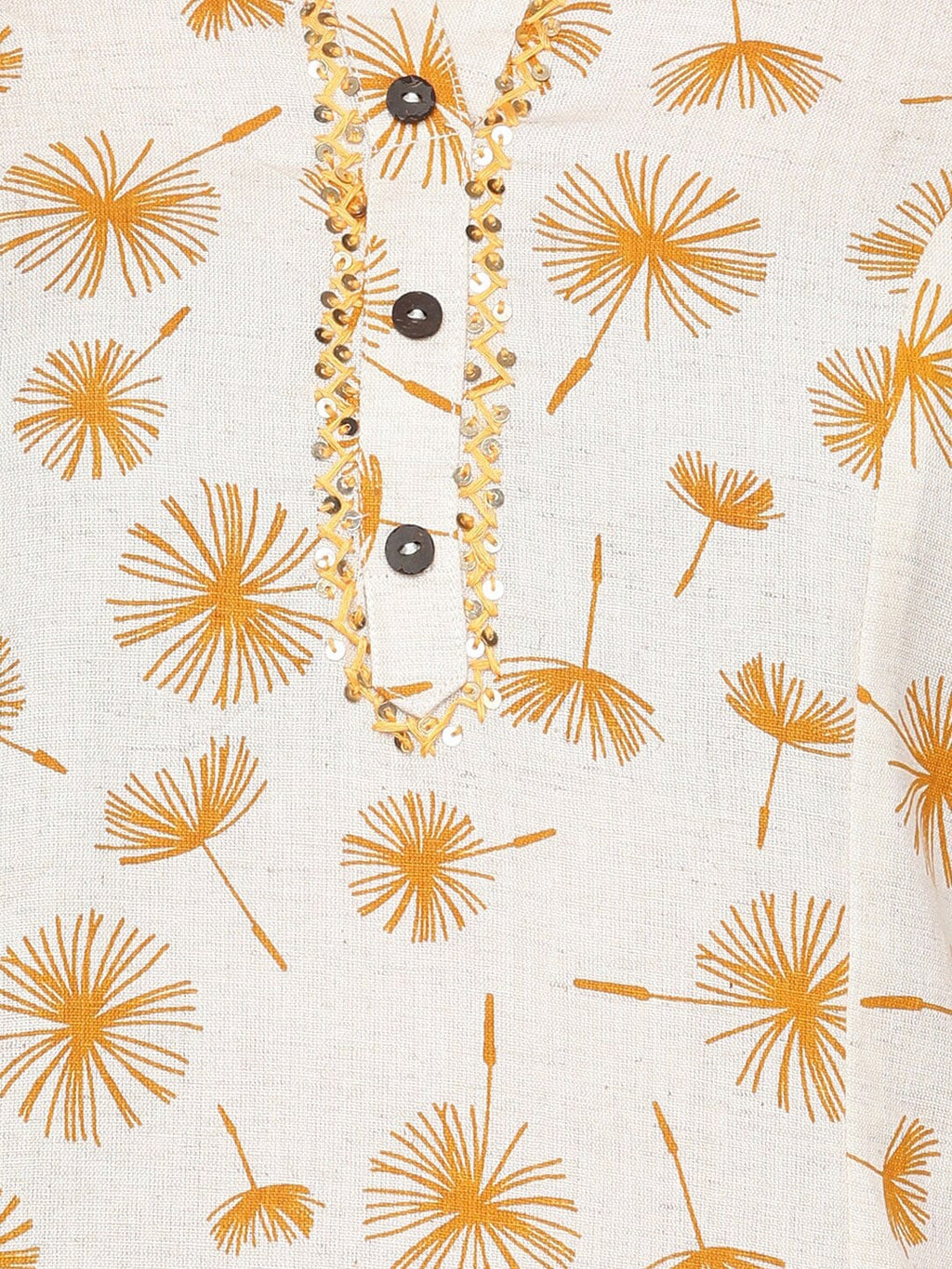 HERE&NOW Off White & Mustard Yellow Floral Printed Thread Work Sequinned Cotton Kurta